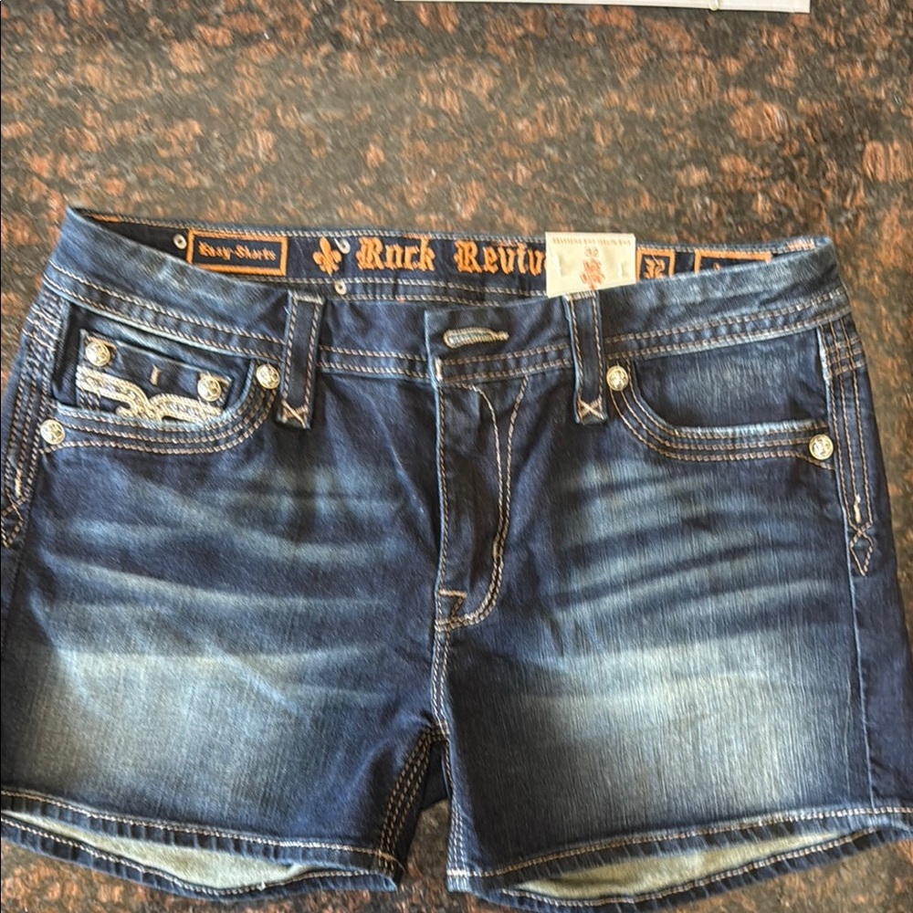 Rock Revival Blue Jean Shorts with Distressed Wash